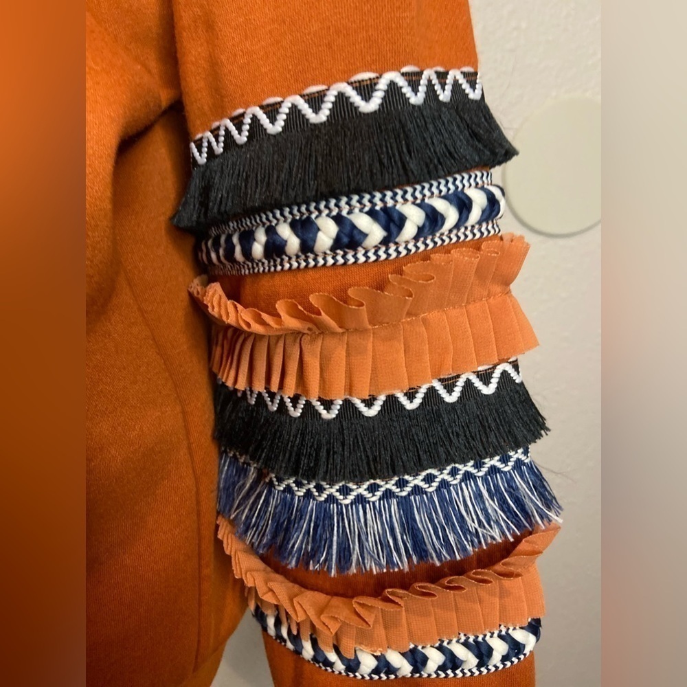 AndTheWhy~Boho Vibe Burnt Orange Sweatshirt~Fringe & Trim Detail Sleeves~Size M - Picture 3 of 14
